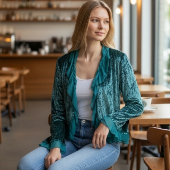 EUC Cover Charge L Vintage Y2K Teal Crushed Velvet Ruffle Shrug Bolero Top! - Picture 2 of 14